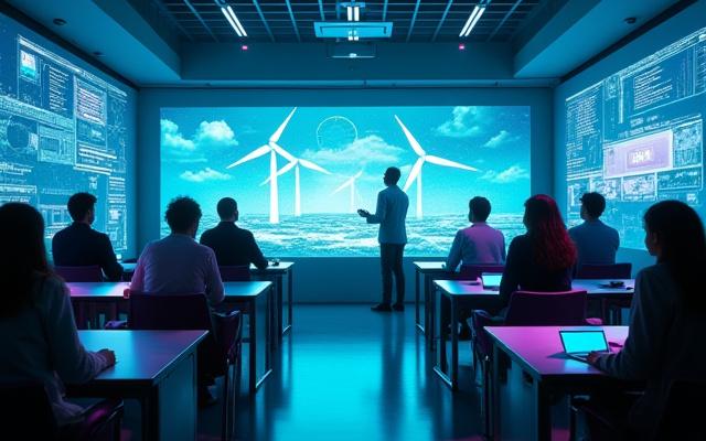 Futuristic classroom with interactive displays and students engaging with holographic renewable energy models.